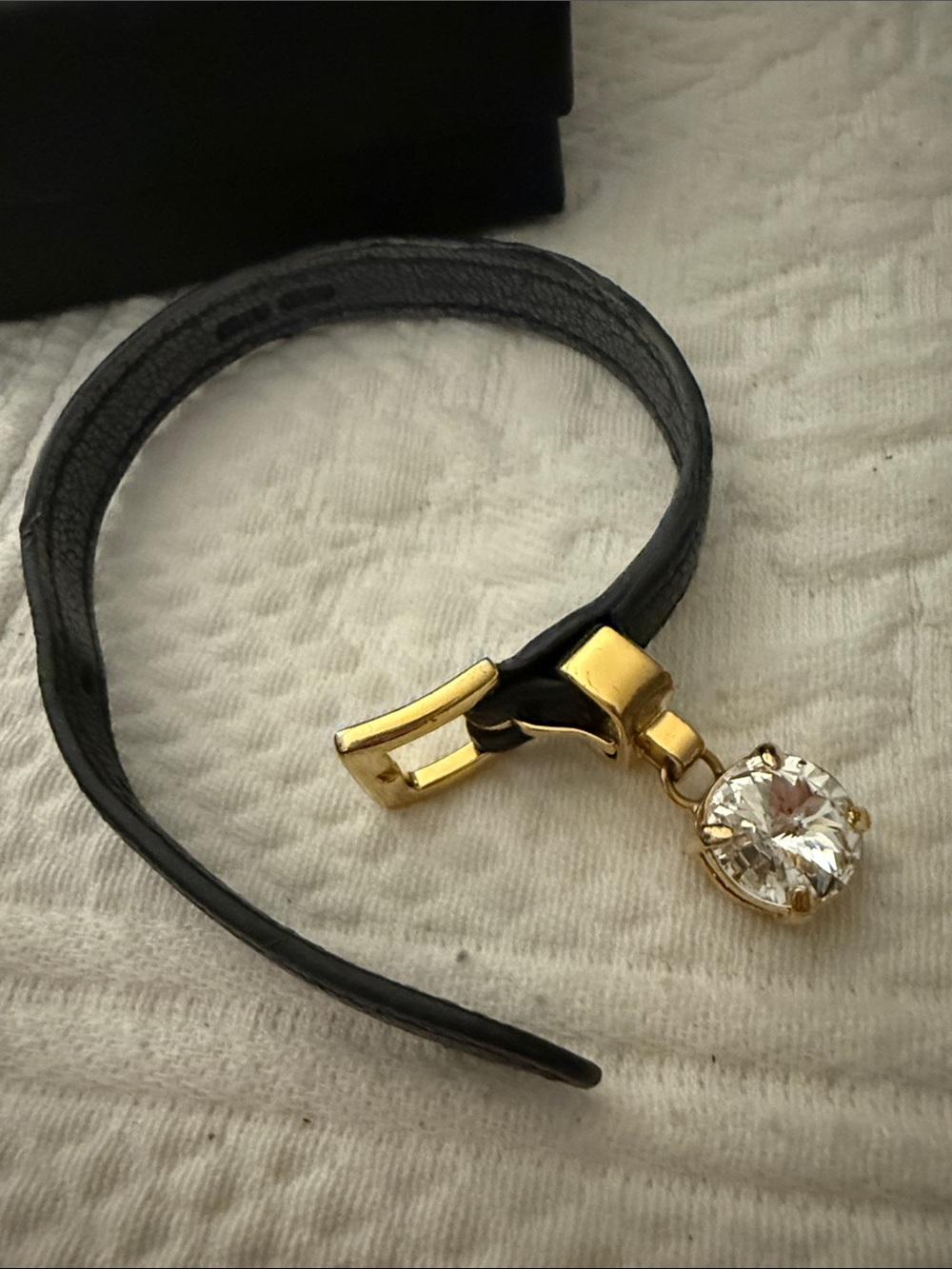Miu Miu Black Leather Bracelet with Gold Hardware and Crystal Charm - Picture 6 of 7